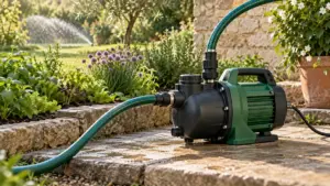Kompakte Gartenpumpe mit angeschlossenen Schläuchen an einem Gartenbeet