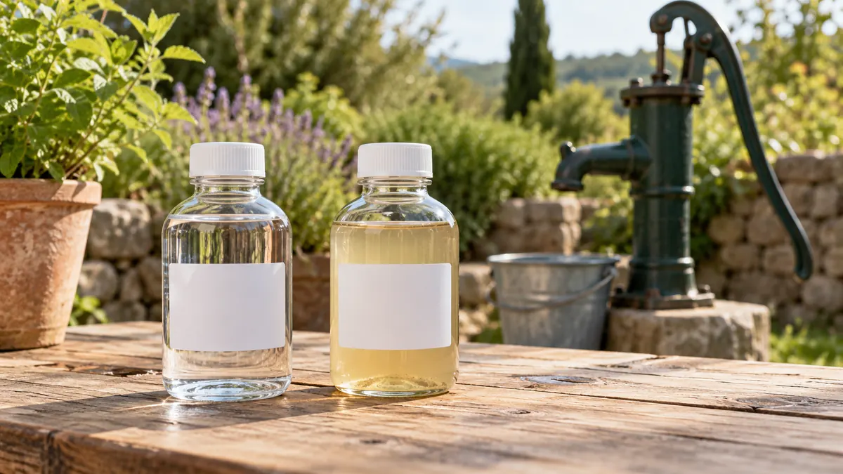 Zwei Wasserproben mit unterschiedlichen Färbungen vor einem Gartenbrunnen
