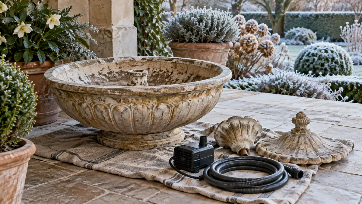 Ausgebaute Brunnenpumpe und entleerte Brunnenteile auf einer Winterterrasse