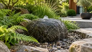 Dunkler runder Quellstein mit ruhigem Wasserfilm im Kiesbett
