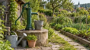 Handpumpe mit Wasserauslauf und Gießkanne im Kleingarten
