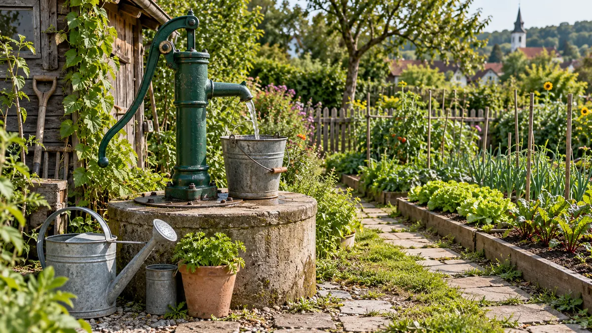 Handpumpe mit Wasserauslauf und Gießkanne im Kleingarten