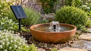 Kleines Solarpanel neben einer Terrakottaschale mit Wasserspiel
