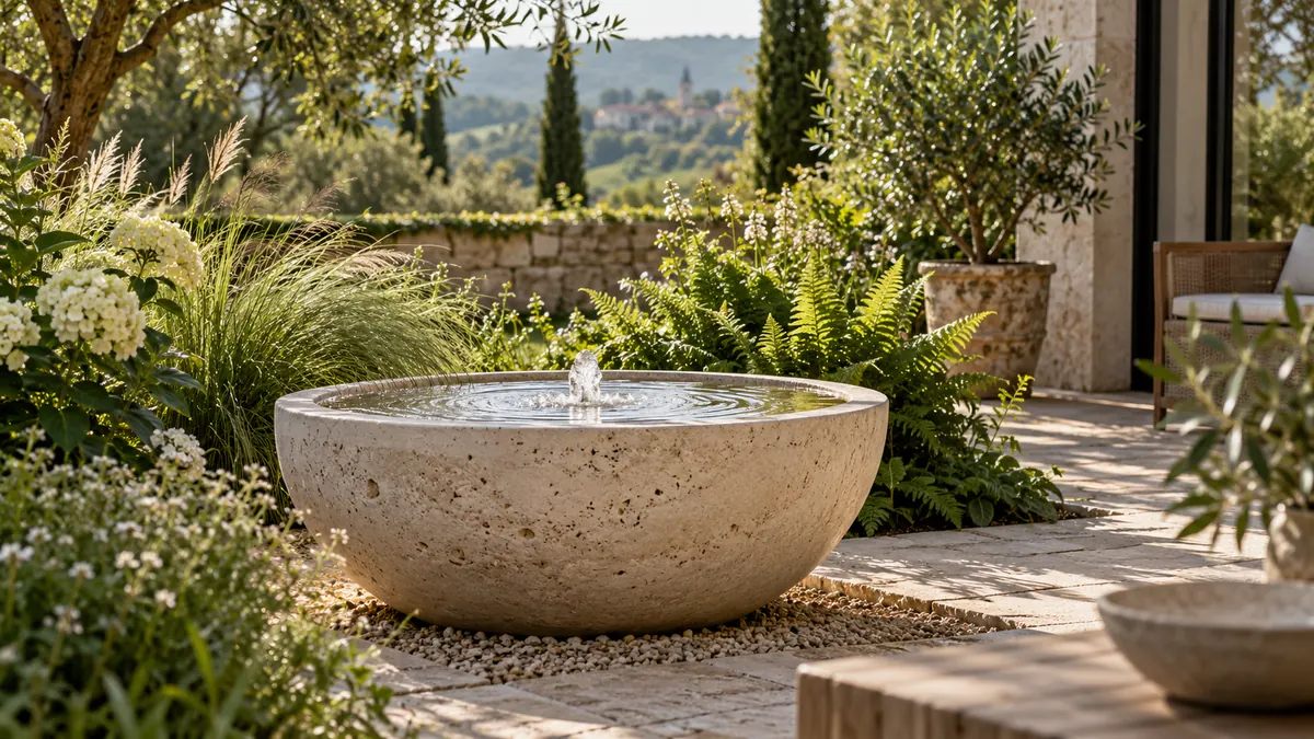 Helle Steinschale mit sanftem Wasserspiel zwischen Gräsern und Farnen